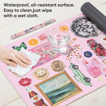 Pink Desk Mat, Leather Desk Pad Blotter Protector, XXL Large Mouse Pad,Computer Laptop Mouse Pads for Desktop,Waterproof Writing Anti-Slip Mousepad for Office and Home I Colorful Stickers