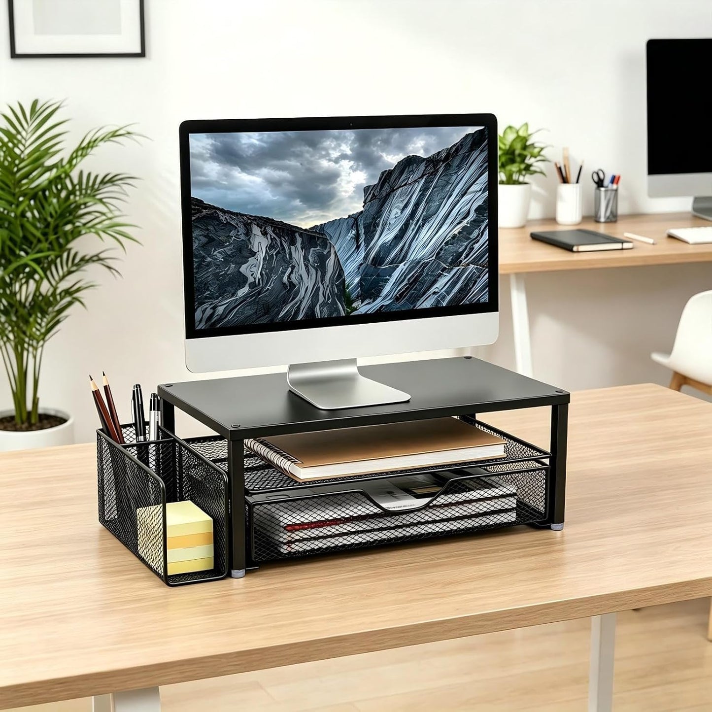 Spacrea Desk Organizer and Accessories, Computer Monitor Stand Riser with Drawer and 2 Pen Holders, Office Desk Accessories & Workspace Organizers for Office Supplies (Wood)