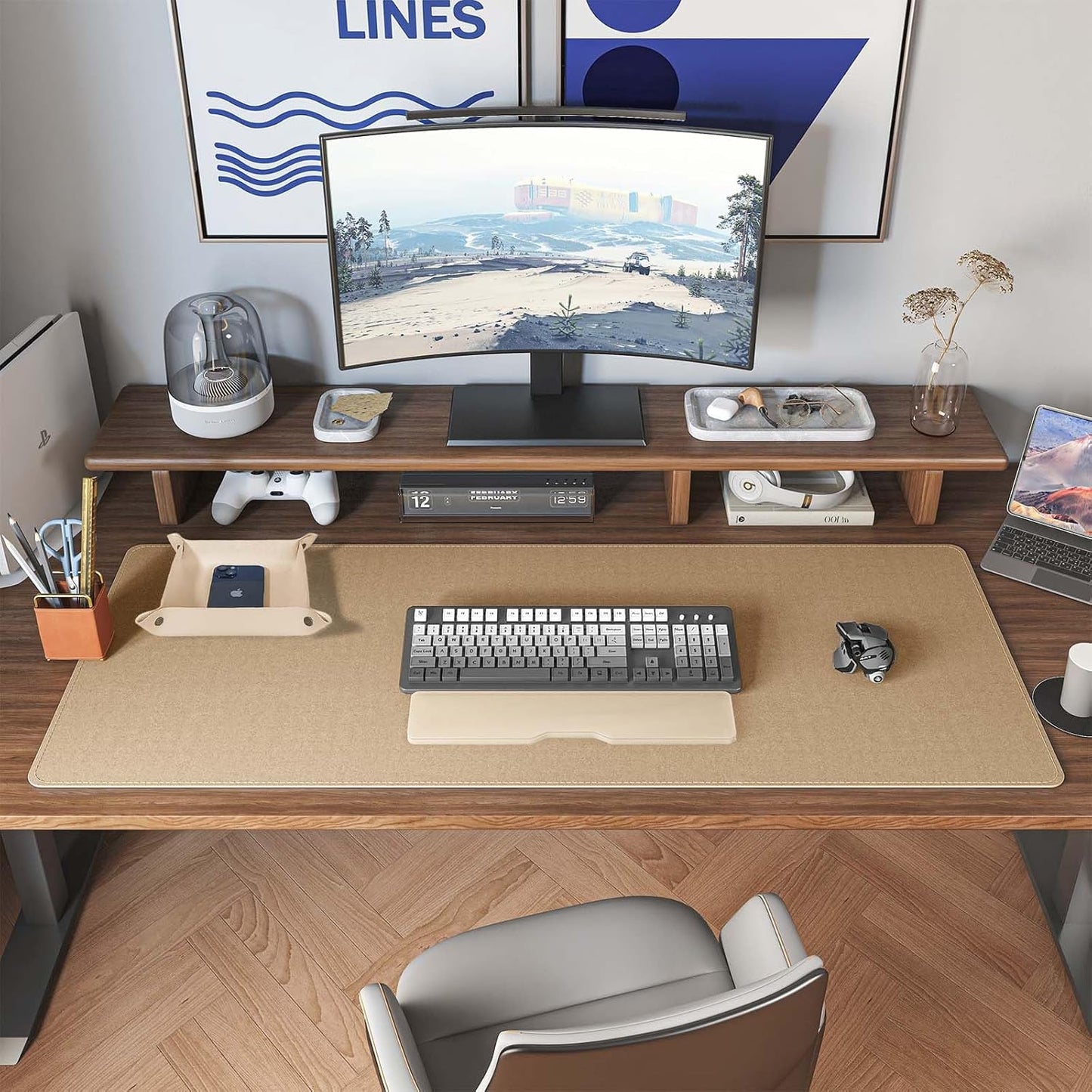 DAWNTREES Dual Sided Desk Mat,Leather Desk Pad,Brown 40"x16",Cork Desk Mat Protector,with PU Leather Valet Tray Organizer,Large Mouse Pad,Desk Writing Pad for Office and Home
