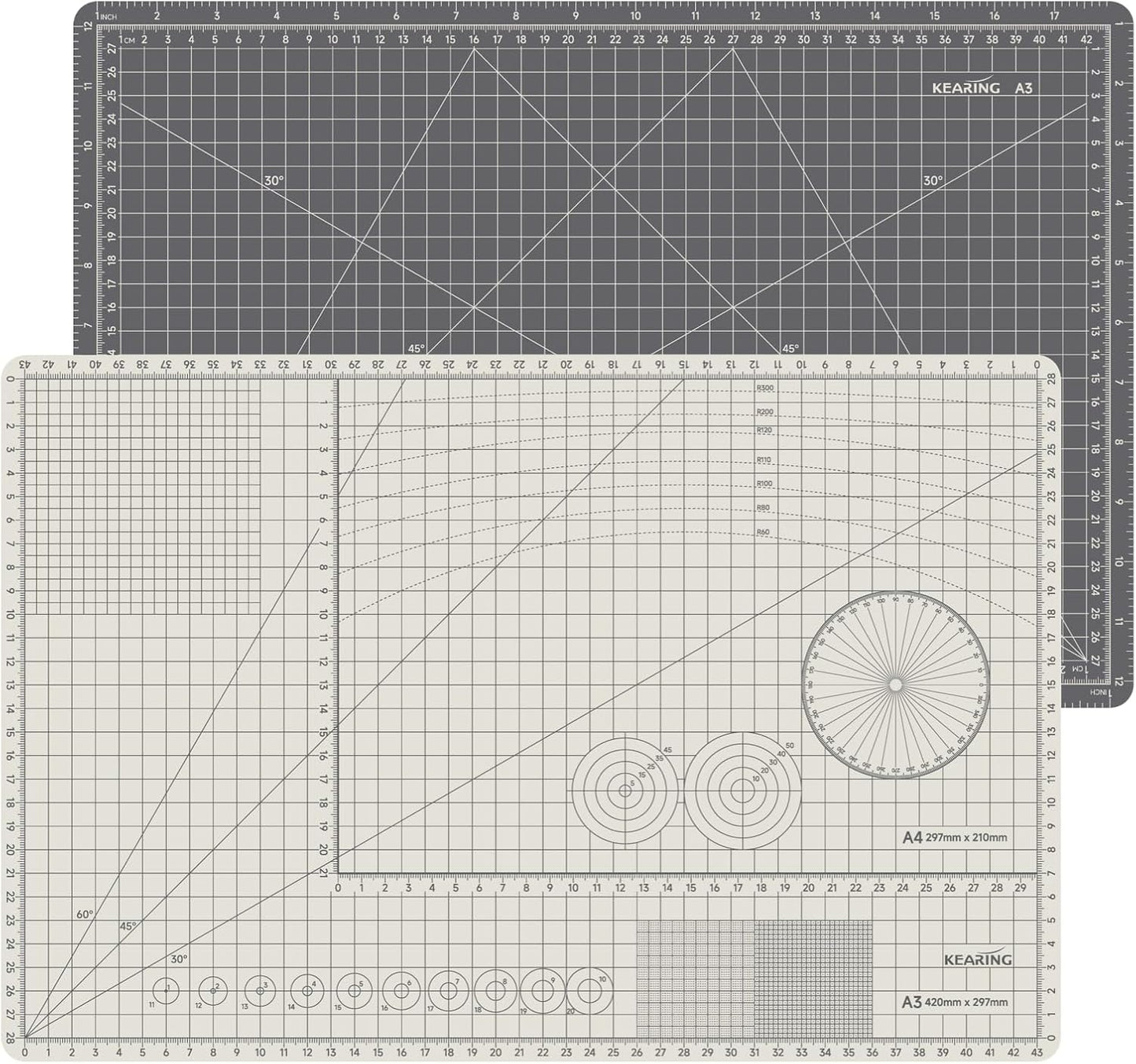 KEARING A3 Self Healing Cutting Mat 12x18 Inch, 3mm Thick Double-Sided High-Contrast Craft Mat with Grid, Premium 5-Ply PVC Construction, Beige and Charcoal Grey, for Sewing, Quilting, Crafts, 1 PCS
