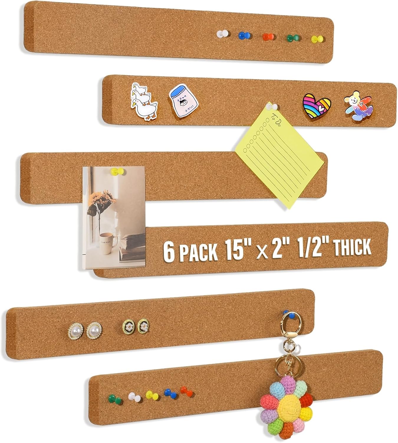 6 Pack Corkboard Strips for Walls, Self Adhesive Thick Cork Board Strips, Peel and Stick Cork Board with 50 Push Pins for Paste Notes, Photos, Schedules
