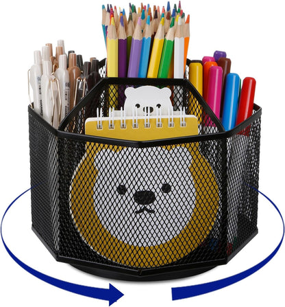 Comix 360° Rotating Pen Holder for Desk, 5 Compartments Office Desk Organizer, Black Mesh Metal Pencil Holder Cup for Office Home School