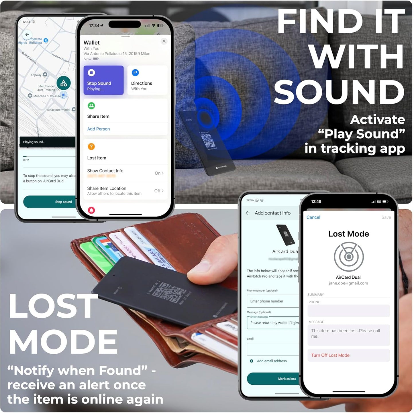 Rolling Square AirCard Dual - Bluetooth Wallet Tracker - Compatibile with Both Apple iOS Find My and Google Android Find Hub – Wireless Charging, Anti-Loss Card – Smart Locator, Black