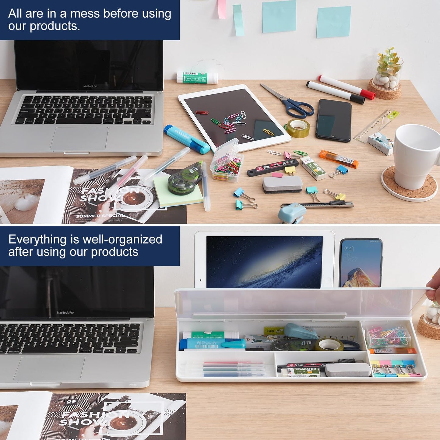 TSJ OFFICE Small Desktop Whiteboard -Glass Dry Erase Board Computer Keyboard Stand White Board Surface Pad with Drawer, Desk Organizers with Accessories for Office, Home, School Supplies - White