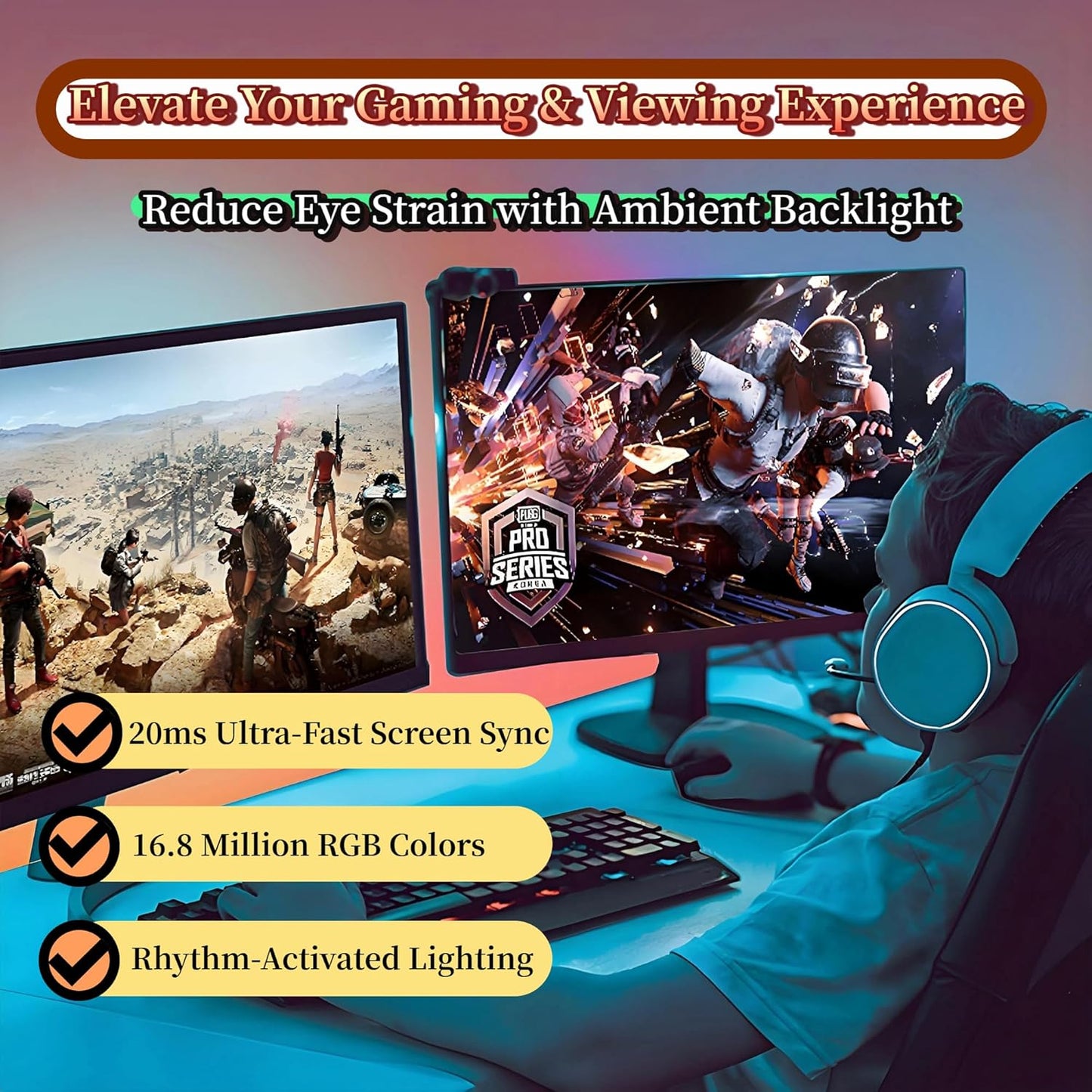RGB Monitor Backlight with Screen Sync for 32 Inch Screens, Dual USB Powered LED Ambient Lighting Kit, Music Rhythm & Dynamic Modes, Immersive Bias Lighting for Home Office Gaming (4 Sides - 32 inch)