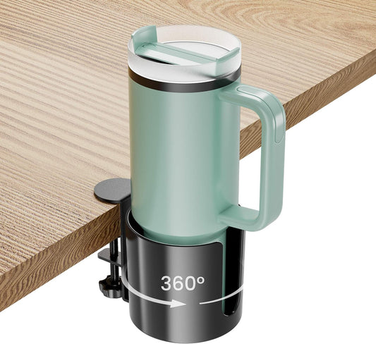 Yinqster 360° Deep Desk Cup Holder with Extra Wide Clamp, Anti-Spill Clip on Cup Holder for Desk, Rotating Table Mug Holder for Office & Gaming Accessories to Hold Stanley YETI Bottles, Bottle Racks
