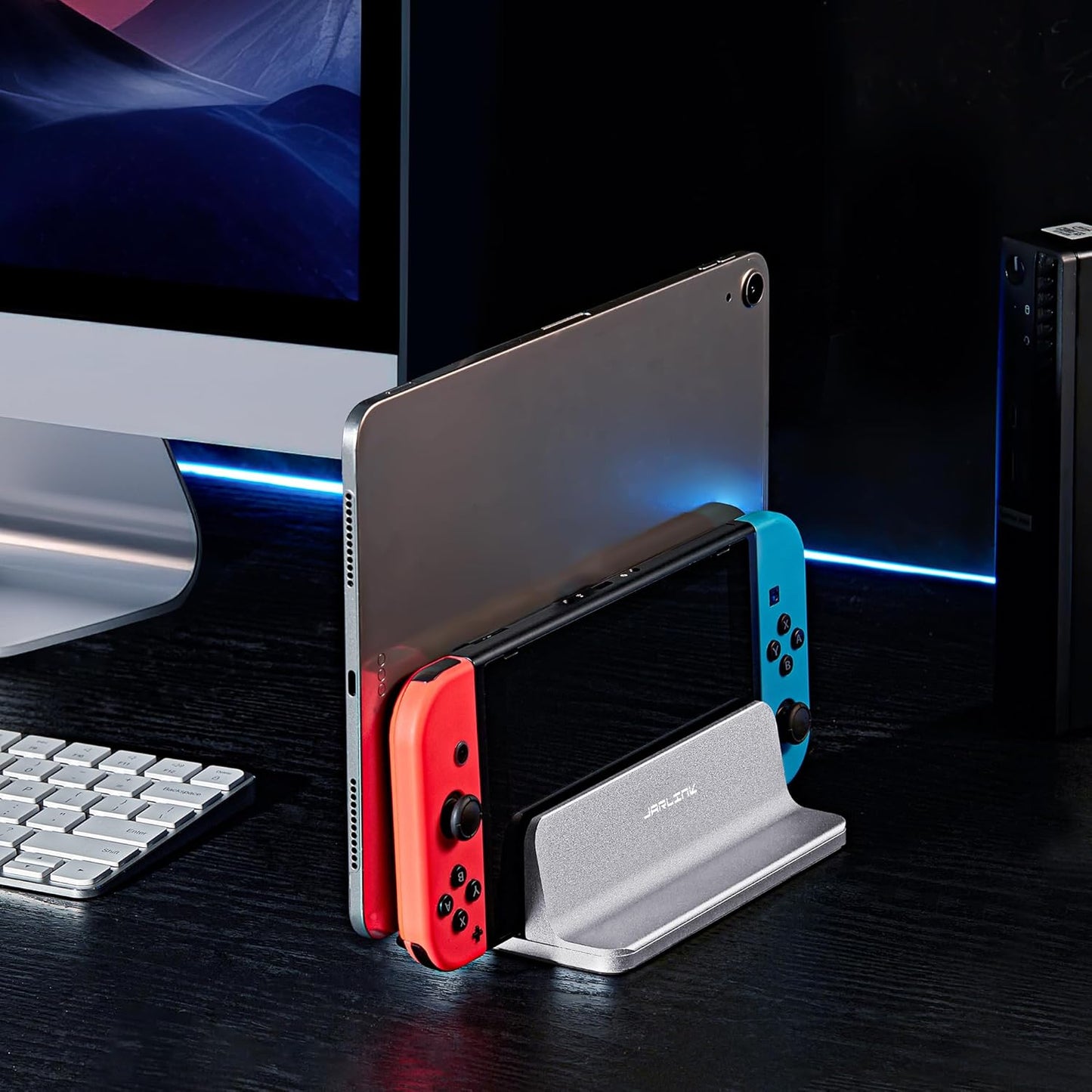 JARLINK Vertical Laptop Stand Holder, Aluminum Double Desktop Stand Holder with Adjustable Dock (Up to 17.3 inch), Compatible with MacBook, Surface, Chromebook, and Gaming Laptops, Silver
