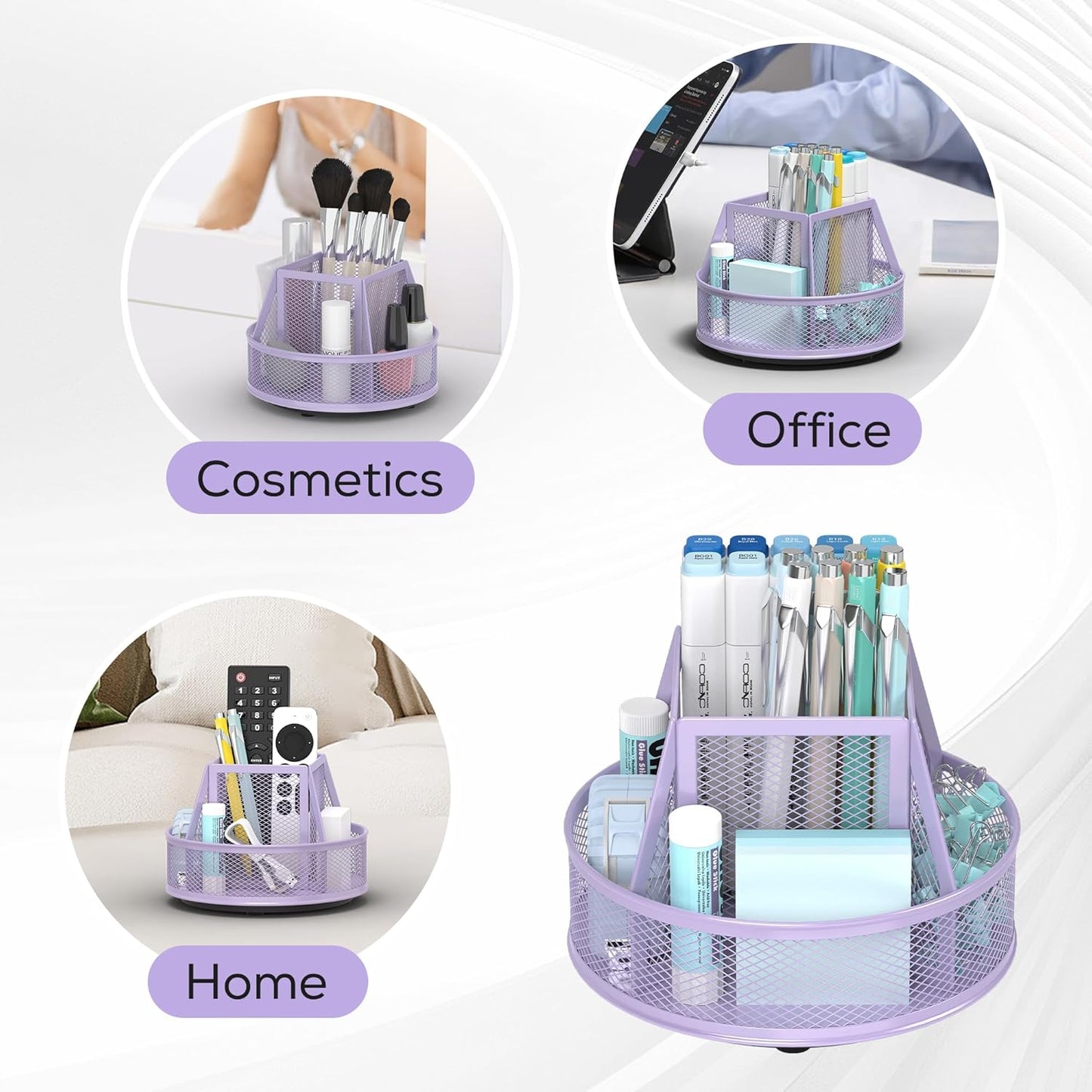 YINGHUA Metal Mesh Desk Organizer with 5 Compartments and Rotating Pencil Holder Pen and Stationery Organizer for Office Home School Anti Slip Base Black