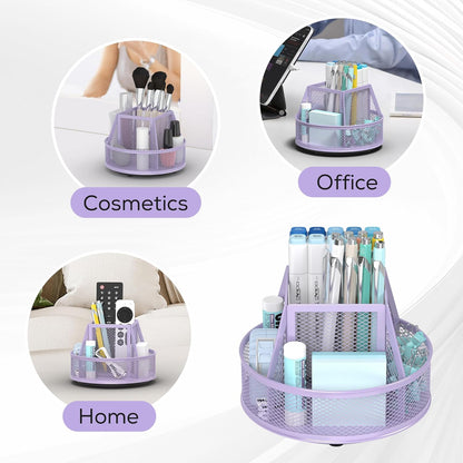 YINGHUA Metal Mesh Desk Organizer with 5 Compartments and Rotating Pencil Holder Pen and Stationery Organizer for Office Home School Anti Slip Base Black
