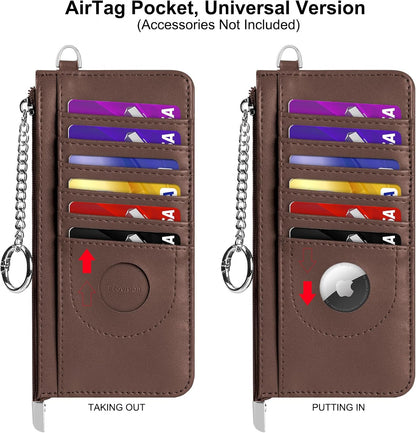 RFID Blocking Slim Credit Card Holder Wallet with Zipper Money Pocket & Keychain, Slim Airtag Wallet for Men Women