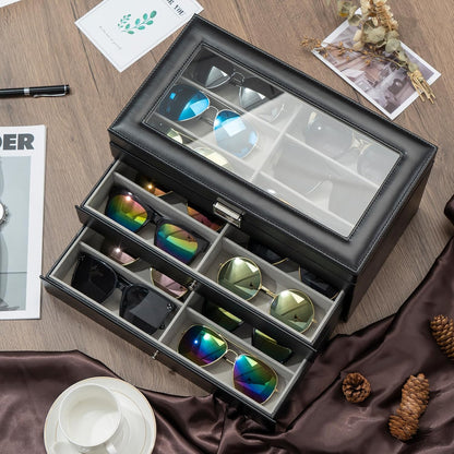 ProCase 3-layer Sunglasses Storage Organizer, 18 Slots Leather Sunglass Box Multiple Pairs Eyeglass Cases Eye Glass Eyewear Display Holder for Men Women, Valentine's Day Gift -Black