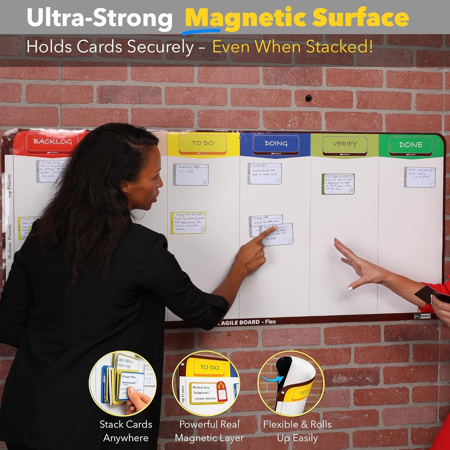 4 Column Magnetic Kanban Board, Scrum Board Flex Whiteboard Kit. Agile Kit, 64 Magnetic Kanban Cards Kit, Scrum Cards Set. Project Management Board for Project Planning, Kanban Whiteboard Kit