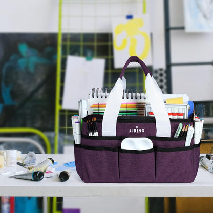 JJRING Craft Organizer Tote Bag for Art Storage, Caddy with Multiple Pockets, Bluish Green Sewing Bag for Scrapbooking, School, Medical, and Office Supplies