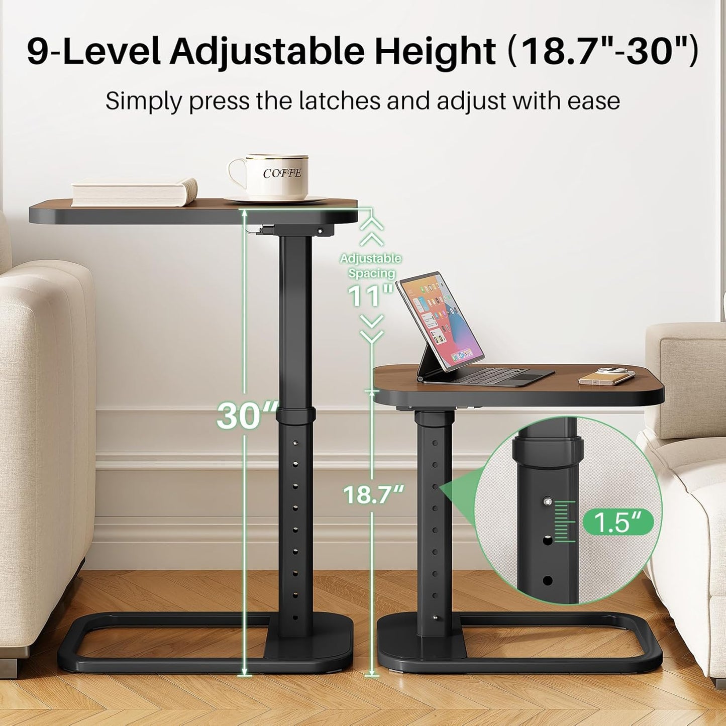 Kitstorack TV Tray Table, Adjustable Height & Flip-Top & Rounded Metal Corners, Snack Table for Couch, Sofa, Bed, Chair, Living Room, C Shaped End Side Table for Eating, Dinner or Laptop, Small Spaces