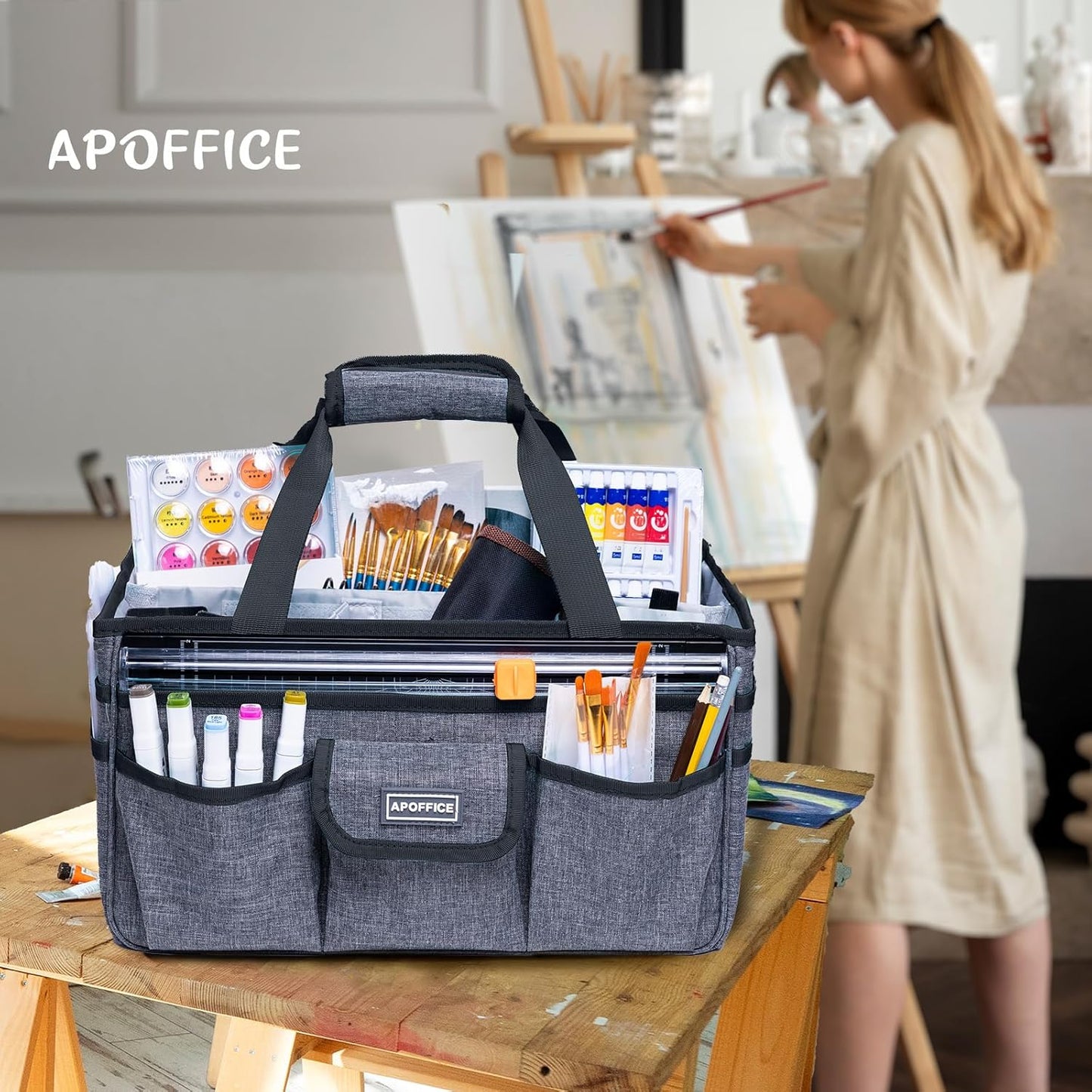 Art Supply Organizer Tote Bag – Craft Caddy with Handle, Utility Storage Tote with Multiple Pockets & Adjustable Divider for Stationary, Sewing, Scrapbooking, School, Office, Medical Supplies