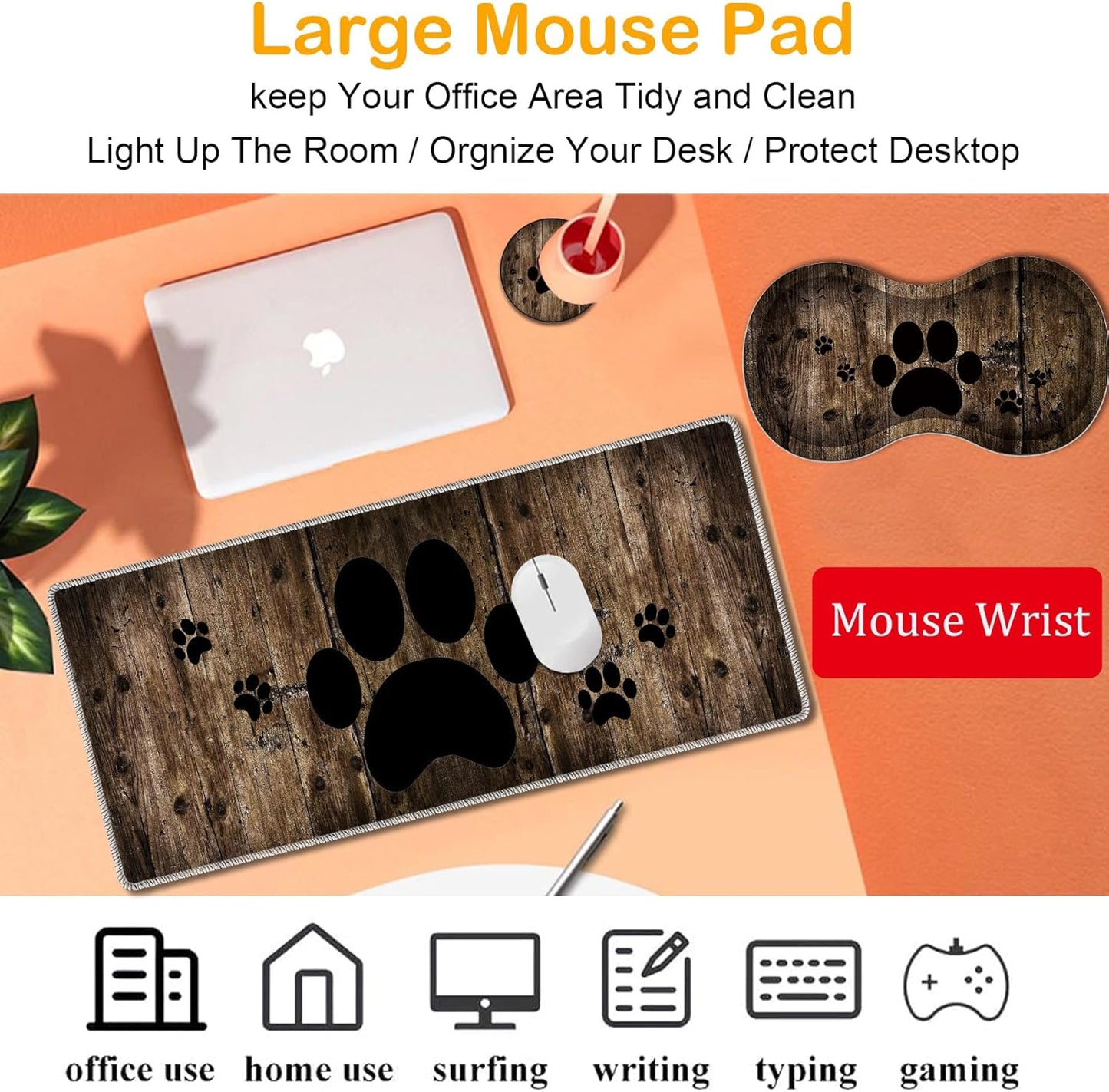 Mouse Wrist Rest and Keyboard Wrist Rest Pad Set, Non-Slip Rubber Base Smooth Surface Ergonomic Gaming Mouse Pad for Easy Typing and Pain Relief, Antique Blue Wood Grain Dog Paw + Coaster