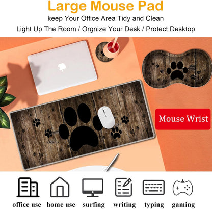 Mouse Wrist Rest and Keyboard Wrist Rest Pad Set, Non-Slip Rubber Base Smooth Surface Ergonomic Gaming Mouse Pad for Easy Typing and Pain Relief, Antique Blue Wood Grain Dog Paw + Coaster
