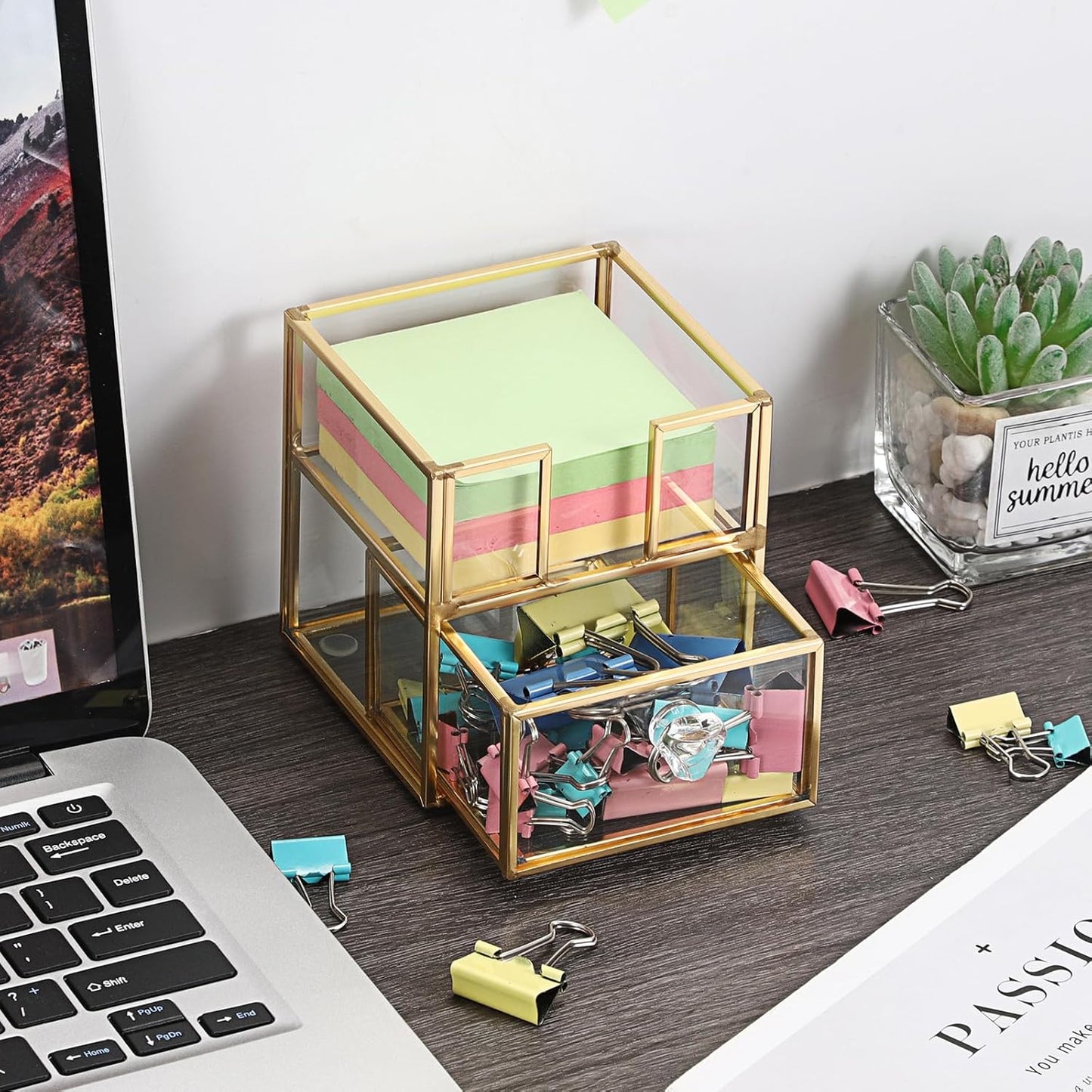 BTSKY Golden Glass Sticky Note Holder for 3x3 Inch Sticky Notes, Elegant Post It Note Dispenser with Non-Slip Pads Clear Notepad Holder for Desk Organization Planning, Home Office Decor