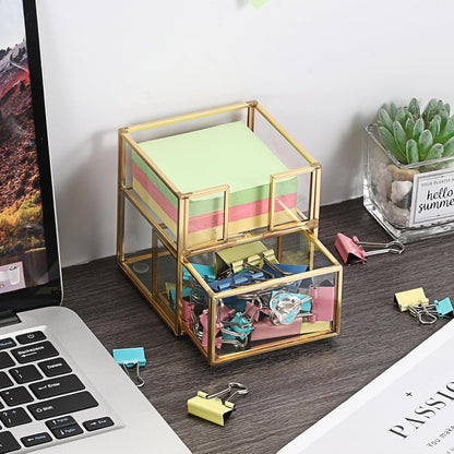 BTSKY Golden Glass Sticky Note Holder for 3x3 Inch Sticky Notes, Elegant Post It Note Dispenser with Non-Slip Pads Clear Notepad Holder for Desk Organization Planning, Home Office Decor