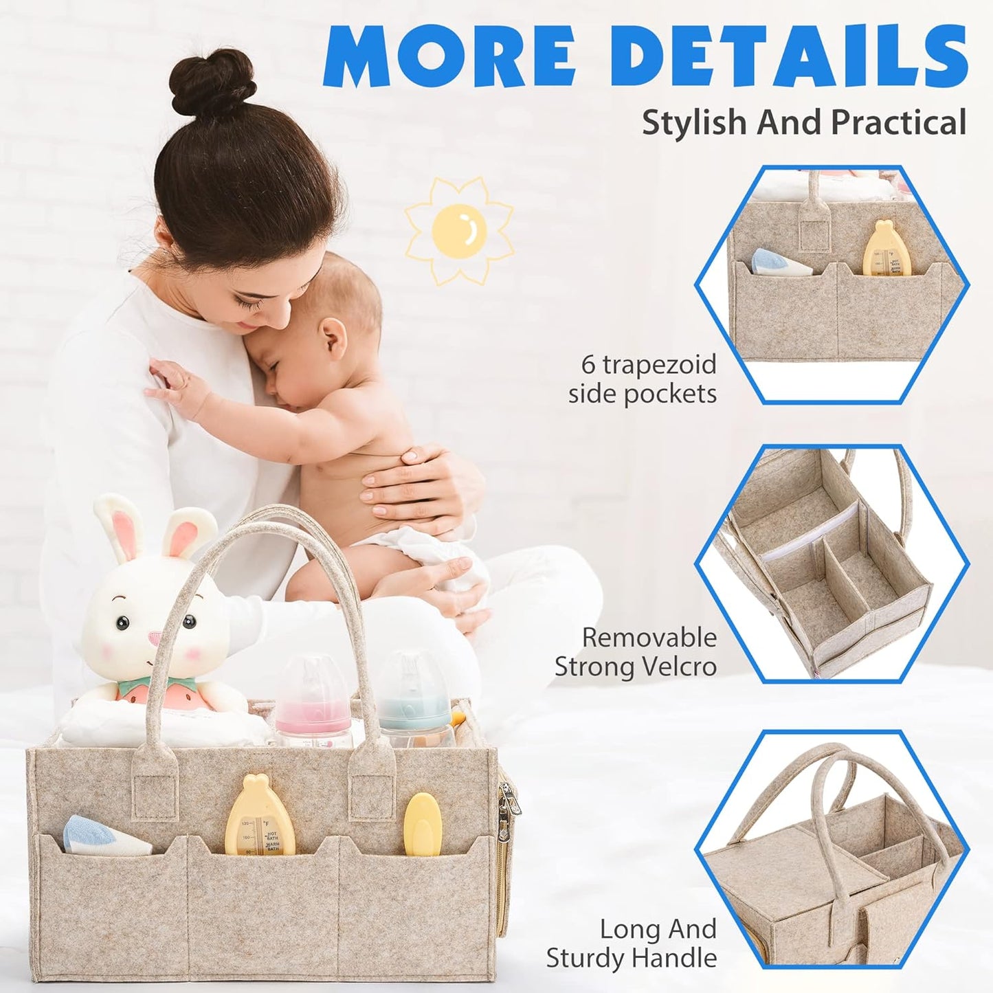 Maliton Baby Diaper Caddy Organizer for Changing Table, Nursery Storage Bin Basket with Handle, Felt Diaper Organizer Suitable for Indoor Outdoor (Khaki)