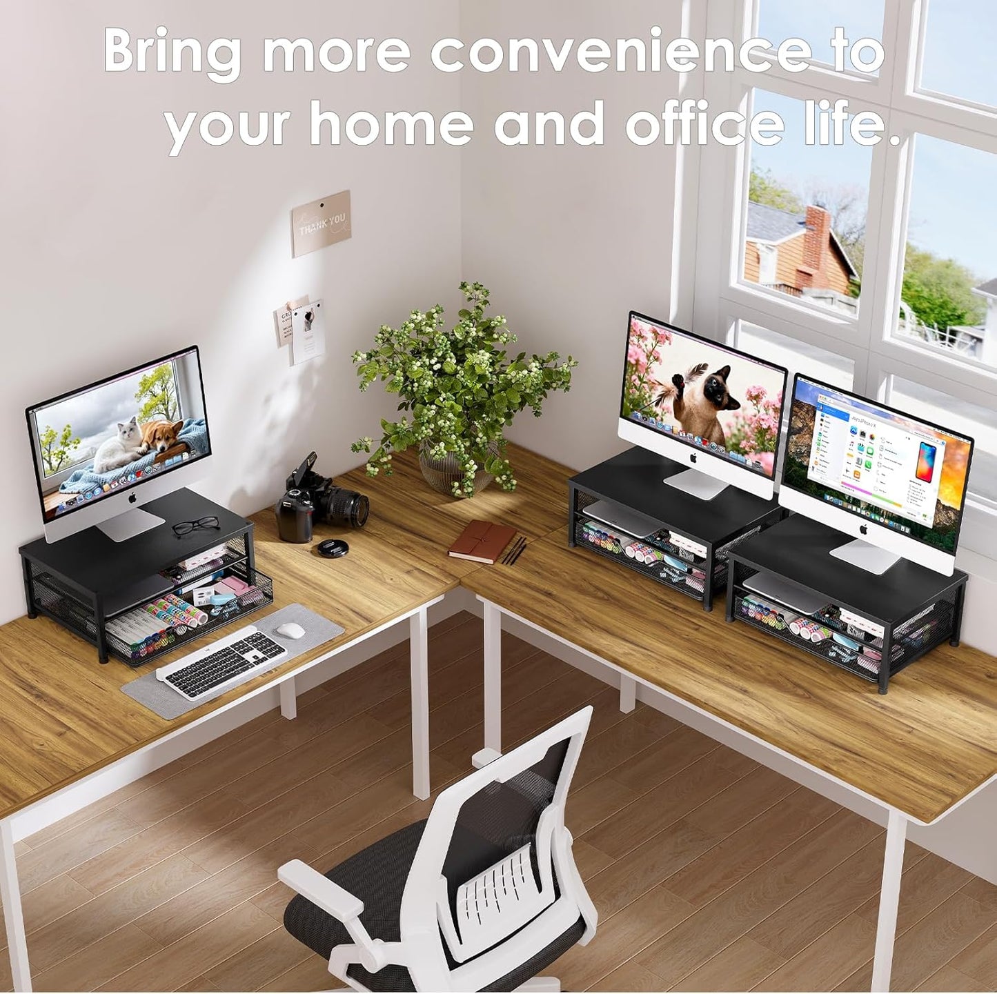 OPNICE Computer Monitor Stand Riser, Desk Organizer with Drawer, Printer & Laptop Stand, Office Desk Accessories & Workspace Desktop Organizers Storage for Office Supplies(Black)