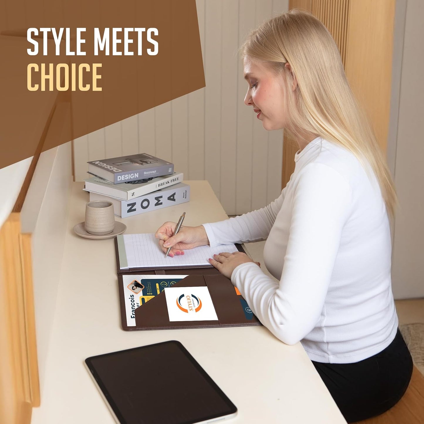 STYLIO Padfolio Portfolio Organizer Binder | Interview Resume Folder, Legal Document, Business Card Holder |w/Letter-Sized Notepad | Handsome Piano Noir Faux Leather Folio Matte Finish, Accent Stitch