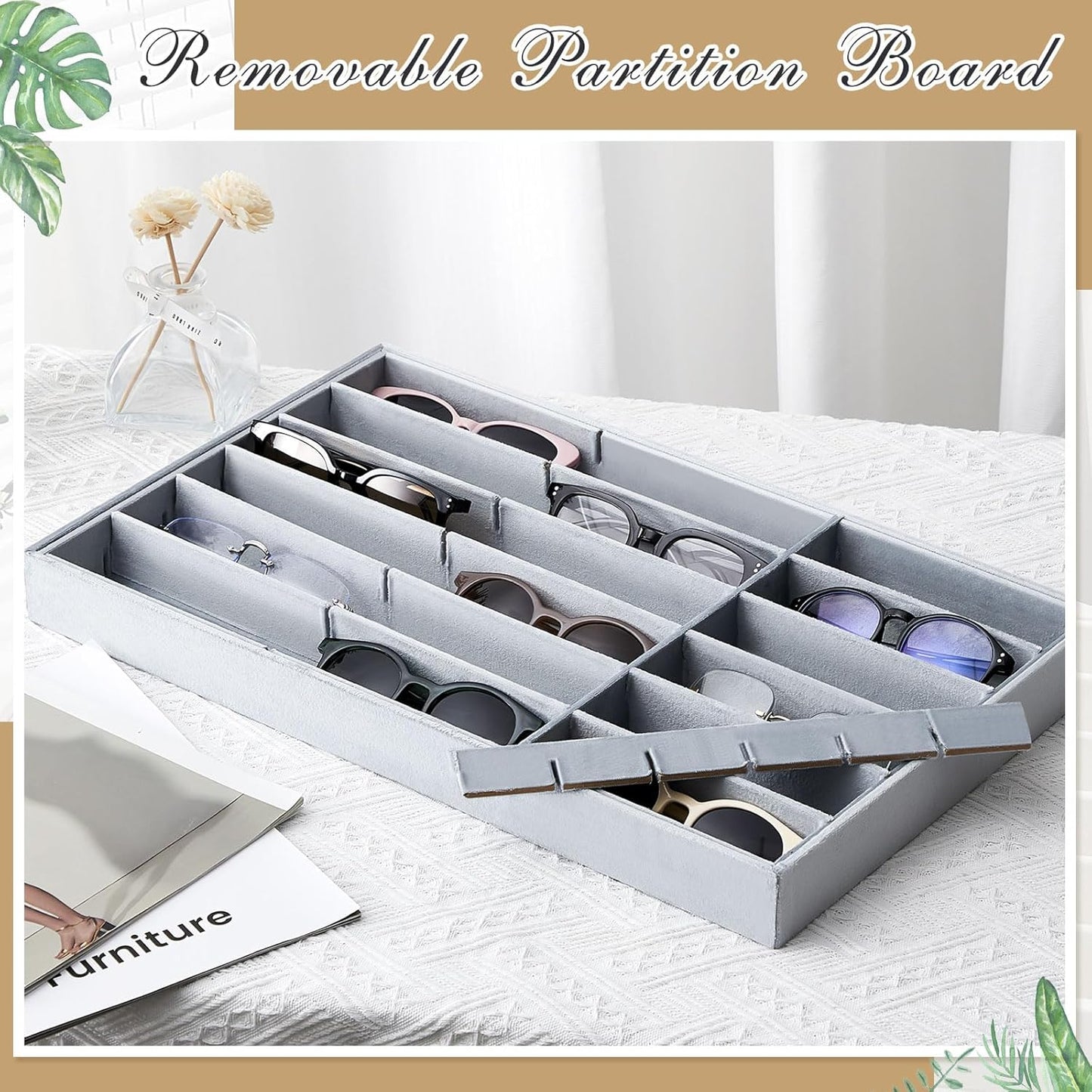 Amylove 2 Pcs Sunglass Organizer Trays Glasses Stackable Jewelry Trays Sunglass Organizer Display Box(8 Grids,Beige)