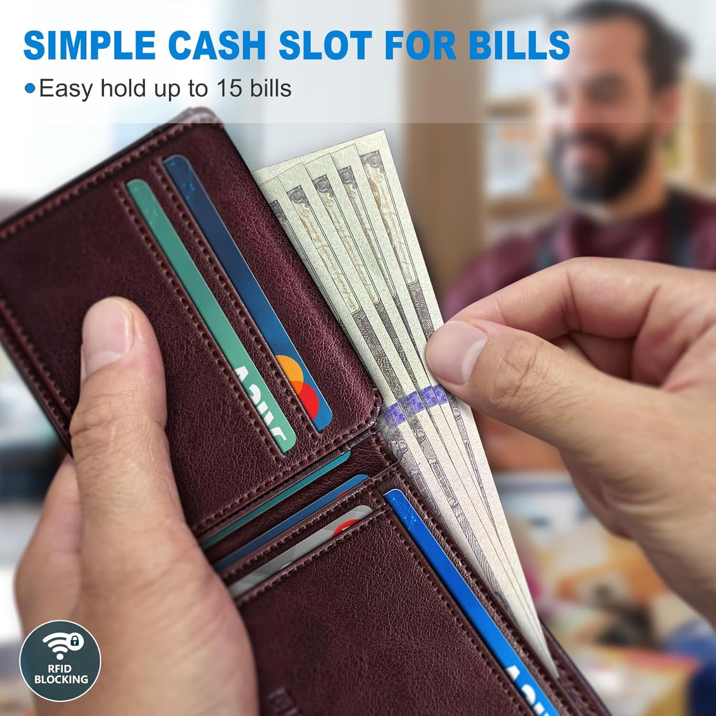 miyozi AirTag Wallet for Men, Slim Leather Bifold with Holder Slot, 2 ID Windows & 13 Card Slots, RFID Blocking Front Pocket Wallet with Gift Box