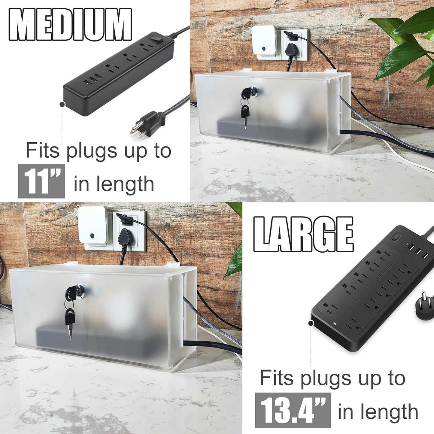 2PC Cable Management Box with Lock,Acrylic,Cable Organizer Box & Power Strip Cover, Wire Organizer for Surge Protector Power Strip,TV Computer,Cable Wires of Home,Office,Child and Pet Proof