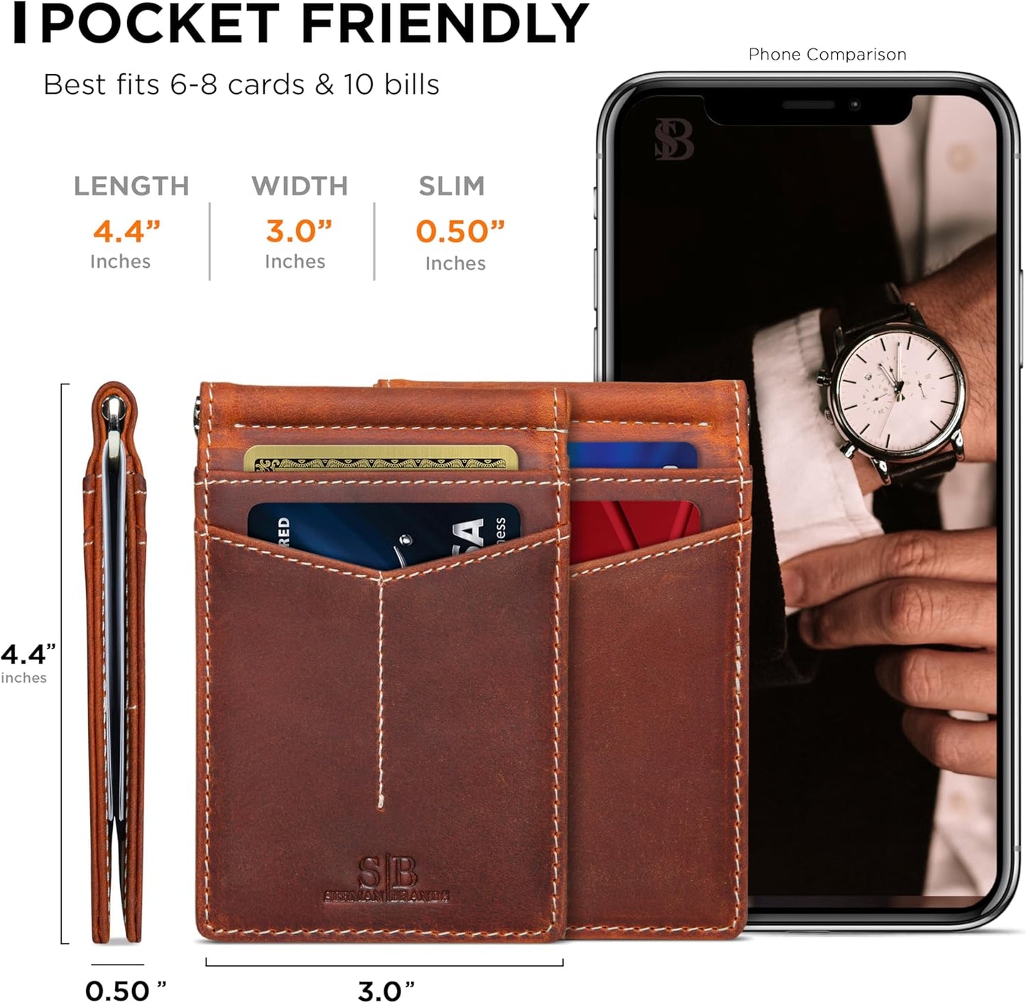 SERMAN BRANDS RFID Blocking Wallet Slim Bifold - Genuine Leather Minimalist Front Pocket Wallets for Men with Money Clip Gift