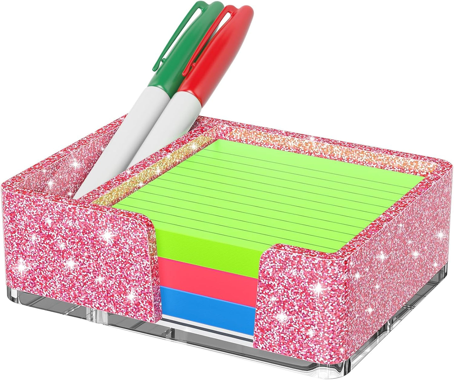 Sticky Note Holder, Glitter Pink Acrylic Notepad Holder 3x3 in Self-Stick Note Dispenser Office Desk Accessories, Memo Pad Holder Organizer for Classroom School Supplies