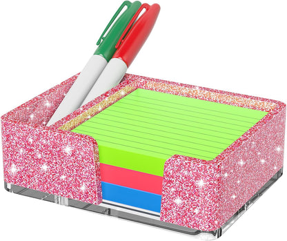 Sticky Note Holder, Glitter Pink Acrylic Notepad Holder 3x3 in Self-Stick Note Dispenser Office Desk Accessories, Memo Pad Holder Organizer for Classroom School Supplies