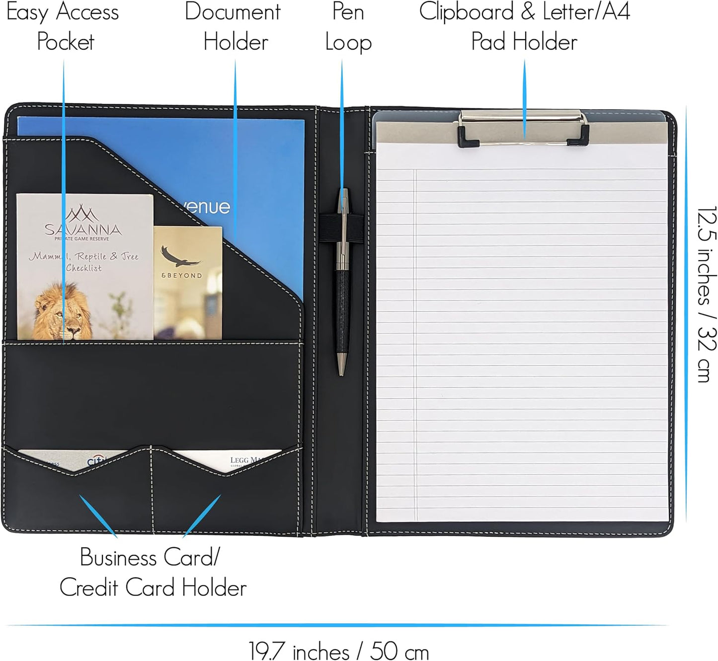 STYLIO Padfolio Portfolio Organizer Binder | Interview Resume Folder, Legal Document, Business Card Holder |w/Letter-Sized Notepad | Handsome Piano Noir Faux Leather Folio Matte Finish, Accent Stitch