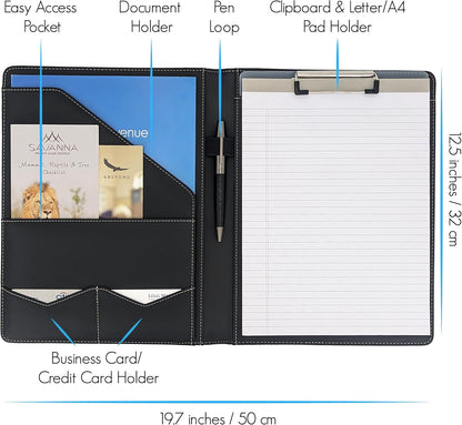 STYLIO Padfolio Portfolio Organizer Binder | Interview Resume Folder, Legal Document, Business Card Holder |w/Letter-Sized Notepad | Handsome Piano Noir Faux Leather Folio Matte Finish, Accent Stitch
