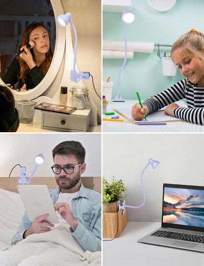 Clip on Lamp USB Reading Light, 3 Color Modes, 10 Brightness Dimmable, 360° Flexible Desk Lamp with Clamp, Eye Care Clip on Light for Bed Desk Headboard Home Dorm White