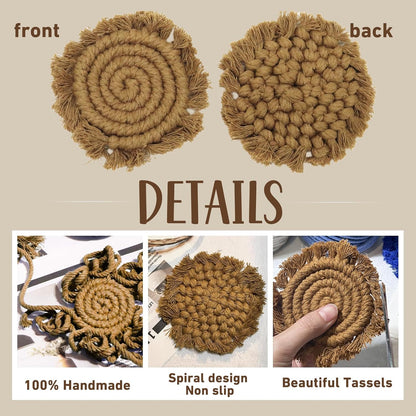 7.4in Boho Coasters for Drinks, Handmade Woven Absorbent Coasters for Desk, Farmhouse Cute Coaster for Mugs Cups - Gifts for Women, Beige
