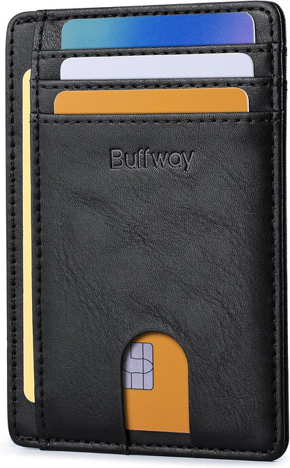 Buffway Slim Minimalist Front Pocket RFID Blocking Leather Wallets for Men and Women - Carbon Fiber Black - Colors A