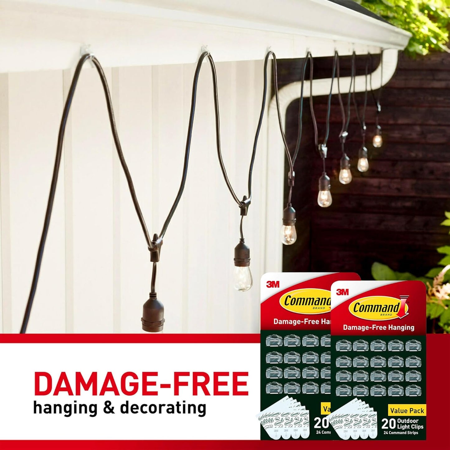 Command Outdoor Light Clips, 20 Clear Clips and 24 Command Strips, Damage-Free Hanging Outdoor Light Clips with Weather Resistant Strips, Wall Clip for Hanging Outdoor Lights and Cable Management