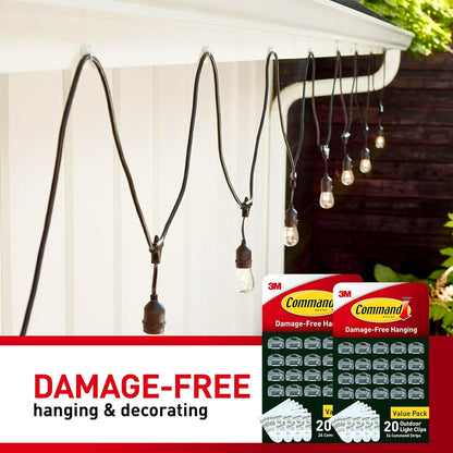 Command Outdoor Light Clips, 20 Clear Clips and 24 Command Strips, Damage-Free Hanging Outdoor Light Clips with Weather Resistant Strips, Wall Clip for Hanging Outdoor Lights and Cable Management
