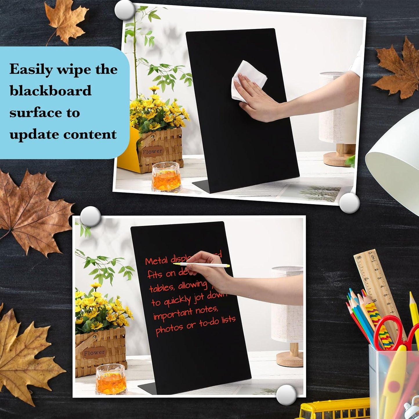 Fainne 2 Pcs Magnetic Bulletin Board with Easel Stand Mini Magnet Metal Tabletop Memo Display Board for Back to School Menu Table Office Supplies (Black,11 x 8.5 Inches)