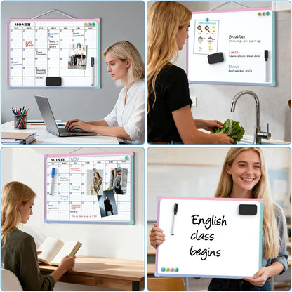 MaxGear Monthly Calendar Dry Erase Board for Wall, 16"x12" Small Hanging Double-Sided White Board, Portable Whiteboard for Planning, Drawing, Memo, to Do List, School, Home, Kitchen, Office
