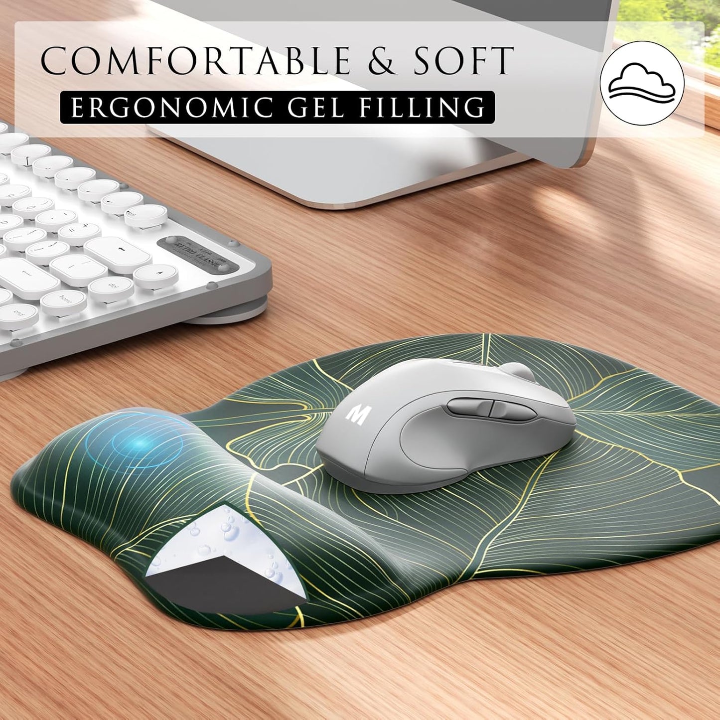 MROCO Ergonomic Mouse Pad with Gel Wrist Rest, Smooth Wrist Support Surface, Non-Slip PU Base for Pain Relief, Comfortable Mousepad for Computer, Laptop, Office & Home, 9.4 x 8.1 in, Black