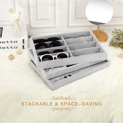 Emibele Glasses Organizer Jewelry Tray, 8 Grids with Clear Lid Velvet Tray Watch Storage Stackable Jewelry Showcase Display Storage with Detachable Inner Dividers, Beige