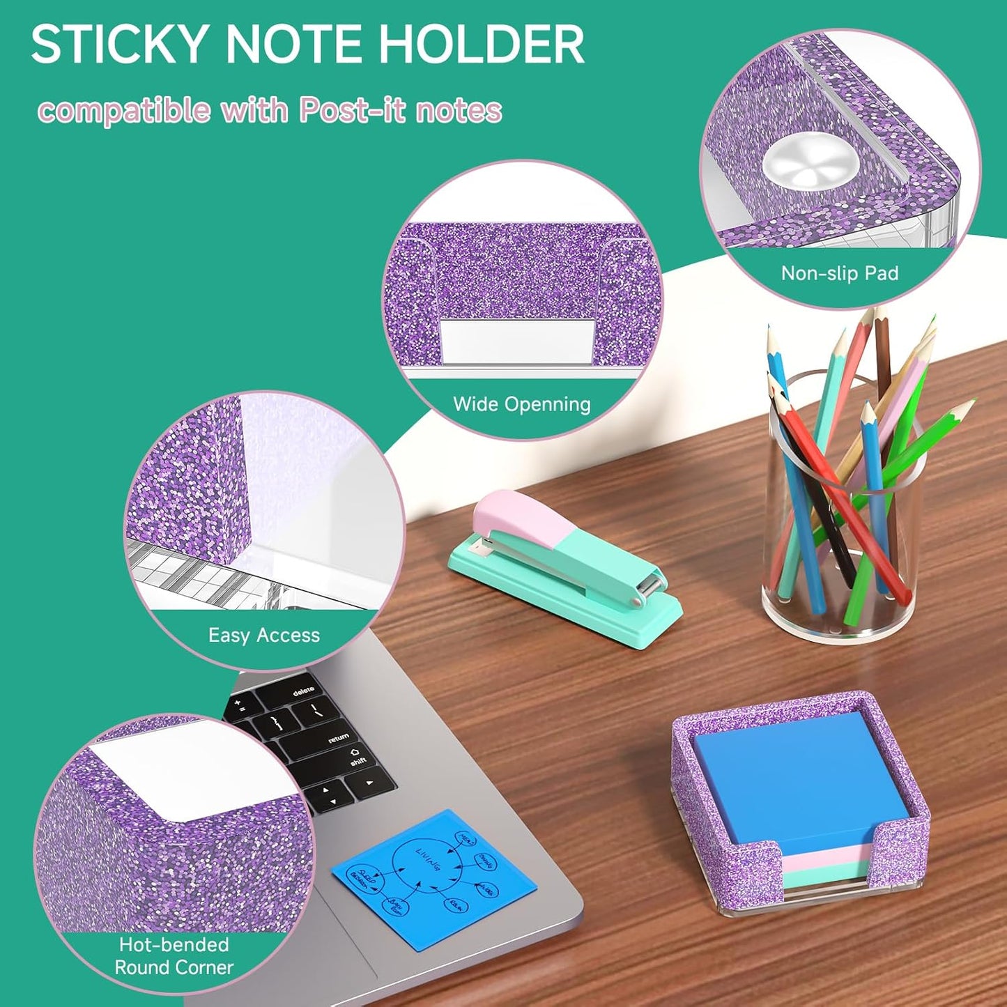 Sticky Note Holder, Glitter Pink Acrylic Notepad Holder 3x3 in Self-Stick Note Dispenser Office Desk Accessories, Memo Pad Holder Organizer for Classroom School Supplies