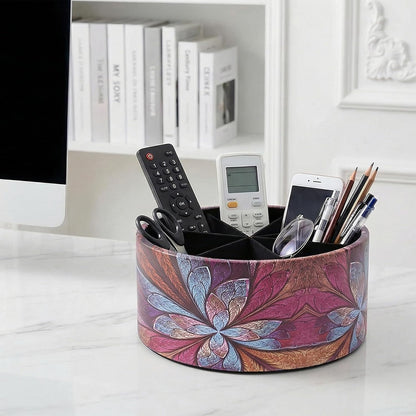 Round Leather Art Supply Organizer,Remote Control Holder,360 Degree Rotating,Multi-Functional Pencil Holder,4 Compartments Desktop Stationary Organizer(1-Fractal Flower) | Round - Colors A