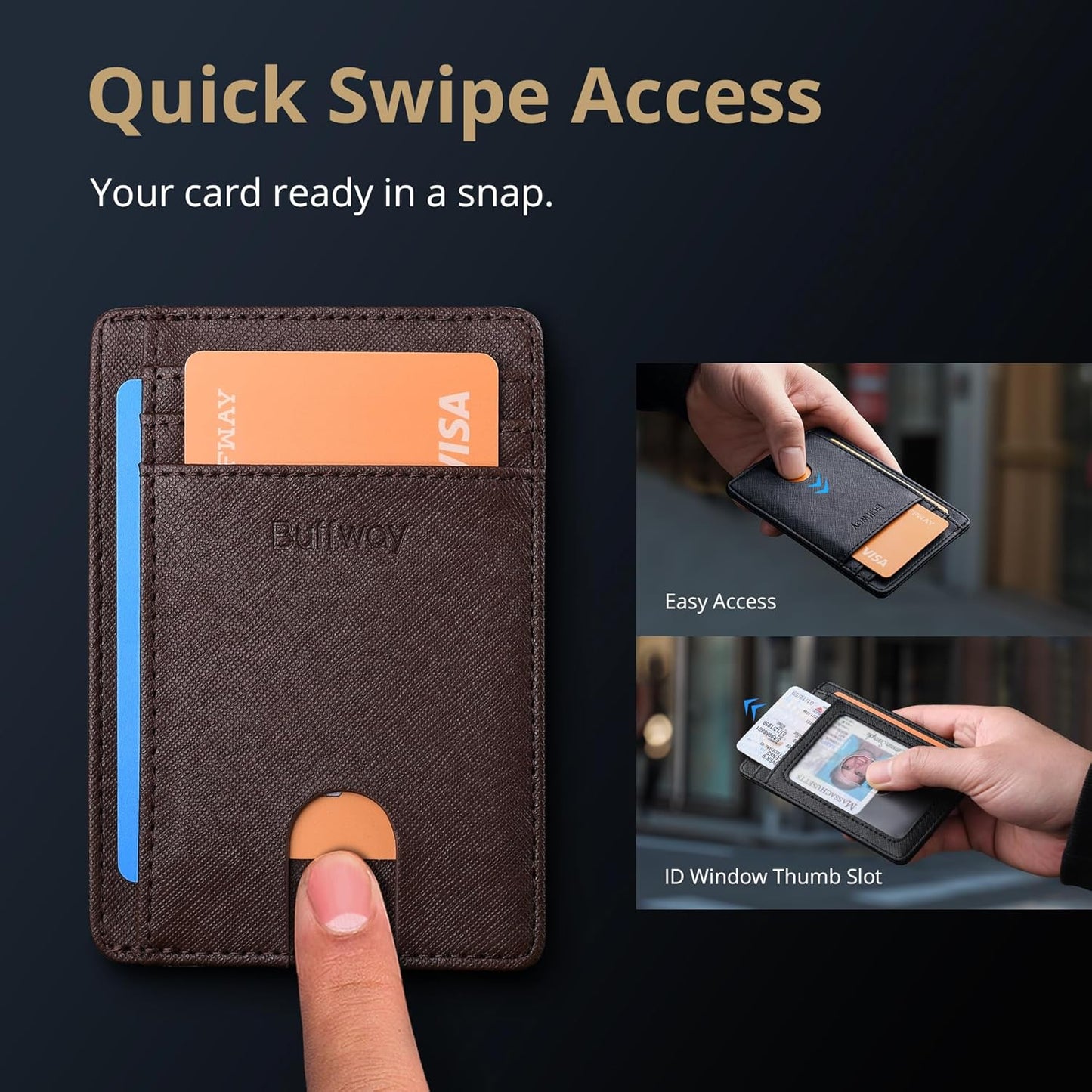 Buffway Slim Minimalist Front Pocket RFID Blocking Leather Wallets for Men and Women - Carbon Fiber Black - Colors A