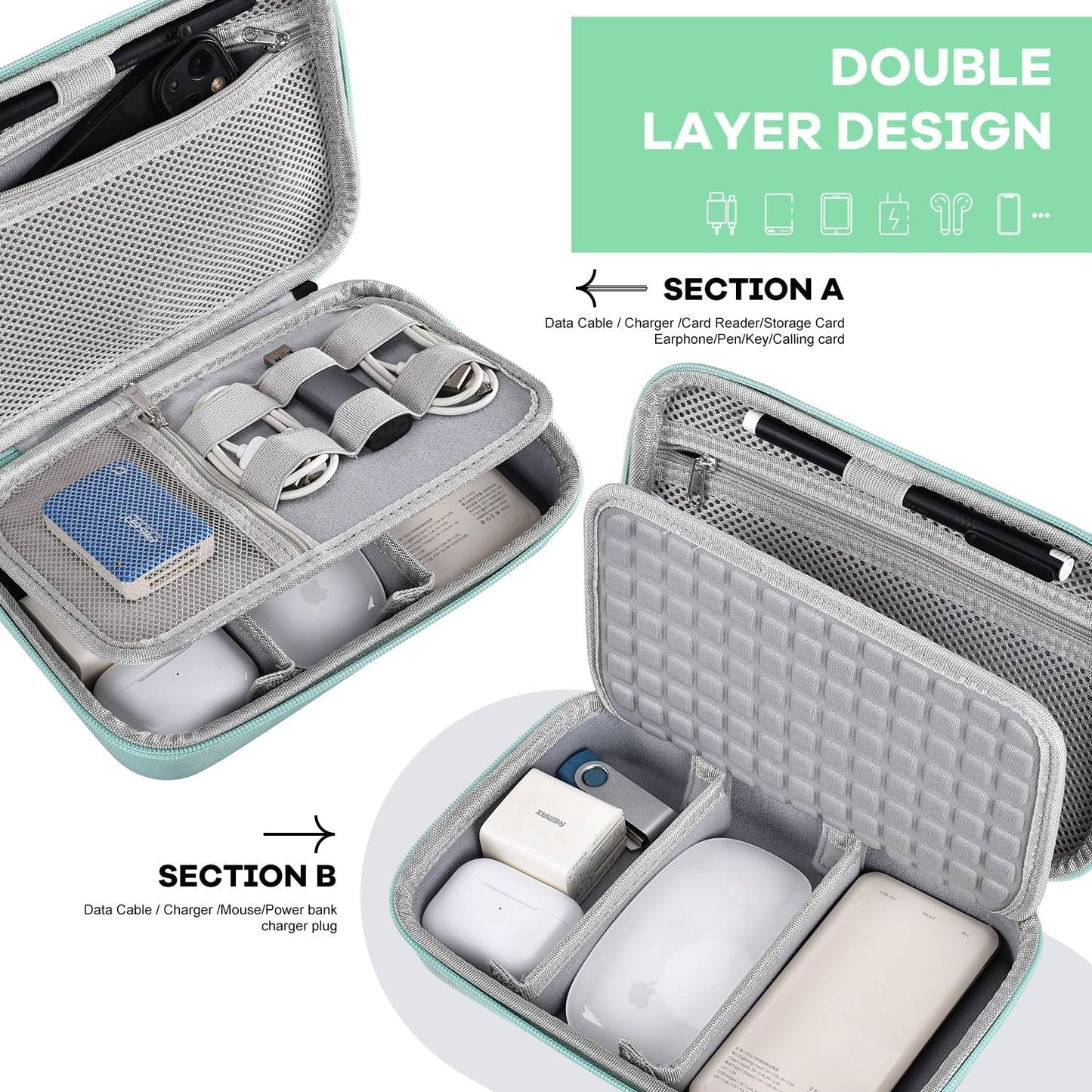 Hard Travel Electronic Organizer Case for MacBook Power Adapter Chargers Cables Power Bank Apple Magic Mouse Apple Pencil USB Flash Disk SD Card Hard Drive Waterproof Shockproof Carrying Bag, Black