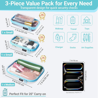 YQBRAO 6 Pack Clear Hard Shell Zipper Case, 1.2mm Heavy Duty Crush-Proof Diaper Bag Organizer Pouches, TSA Approved Travel Makeup Bag for Toiletries & Electronics, (2L, 2M, 2S) Multi-Size Storage Set