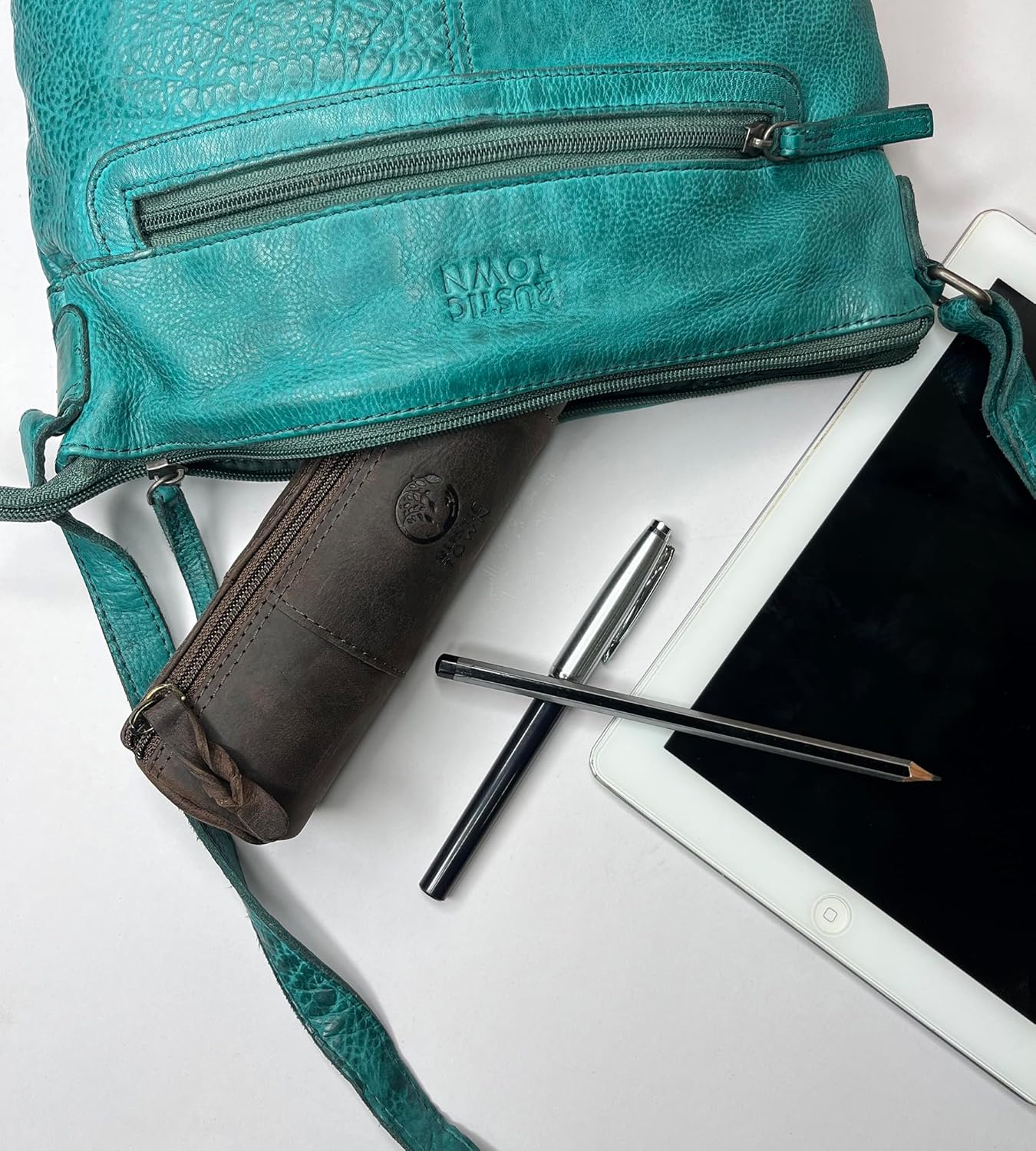 Rustic Town Leather Pencil Case - Full Grain Leather Zippered Pen Pouch - Stationery Bag Pen Holder for Work & Office