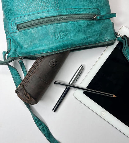 Rustic Town Leather Pencil Case - Full Grain Leather Zippered Pen Pouch - Stationery Bag Pen Holder for Work & Office